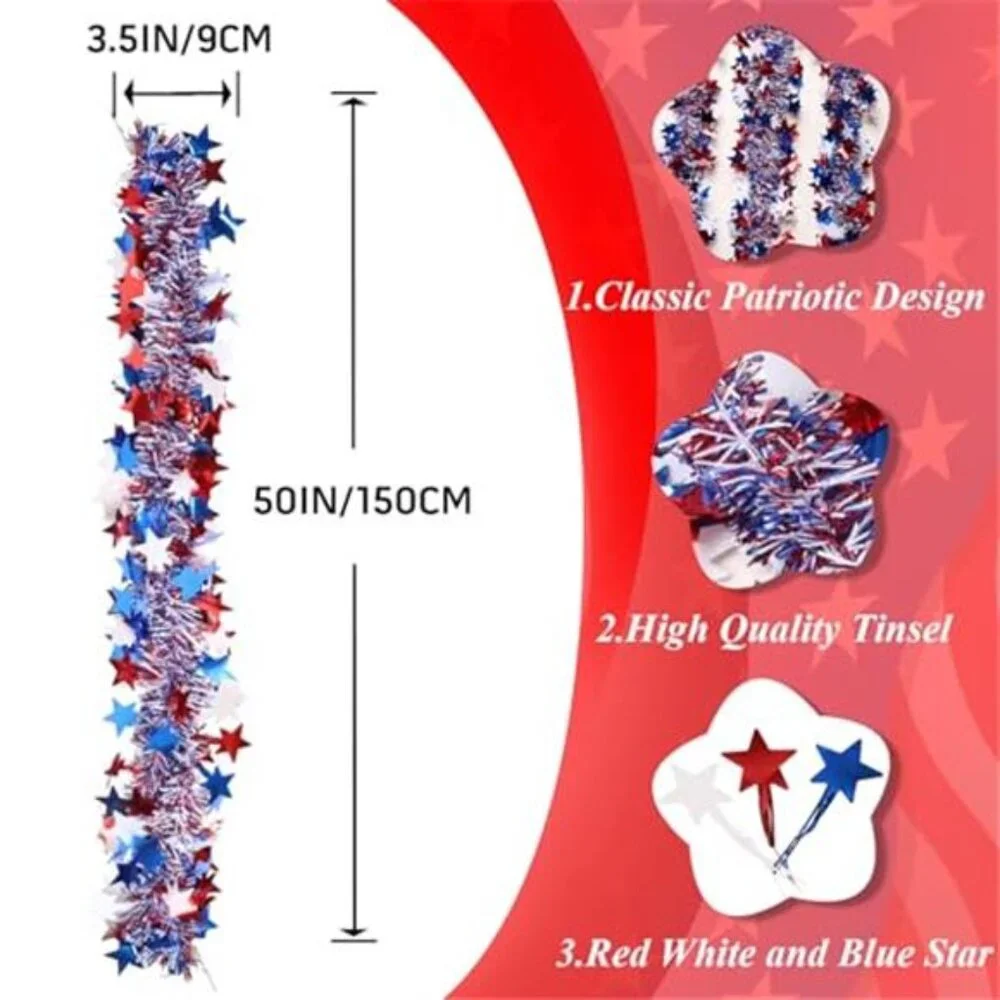 4th of July Garland Decorations 50Ft Glitter Tinsel Patriotic Decor
